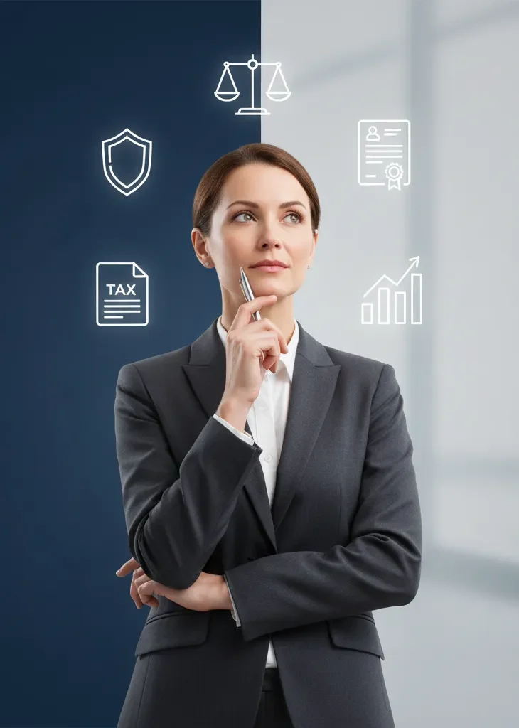 Businesswoman thinking about legal, tax, and compliance requirements for C Corp formation in the USA