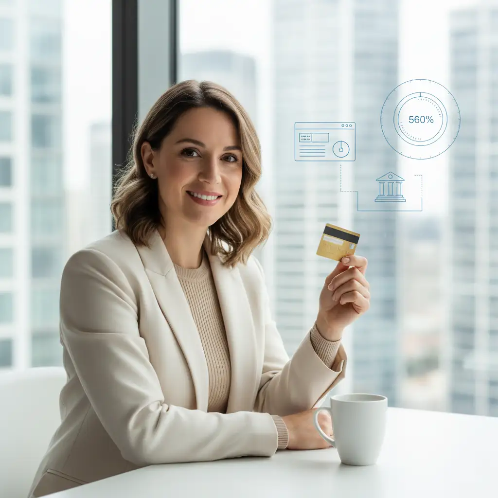 Business woman holding a credit card in a modern office representing online banking support for LLC registration in the USA by US Global Startup.