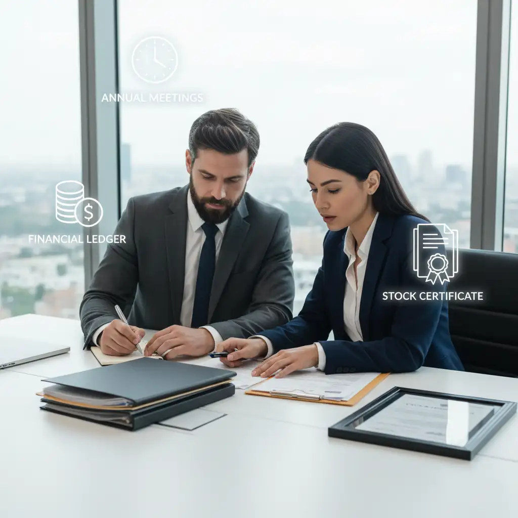 Two professionals reviewing corporate records with icons for annual meetings, financial ledgers, and stock certificates, illustrating required corporate formalities for forming an S Corporation in the USA.