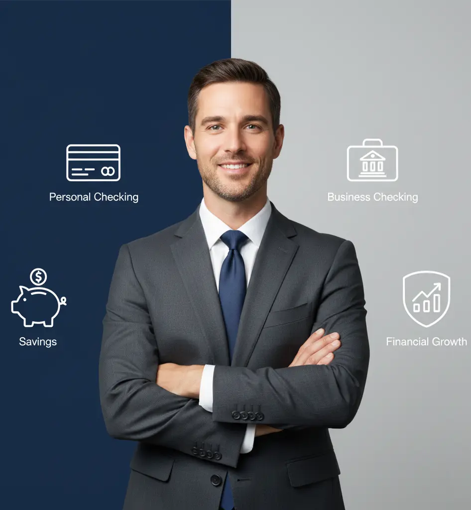 Businessman in a modern office with icons representing different types of U.S. bank accounts: personal checking, savings, and business checking, highlighting benefits for individuals and businesses.