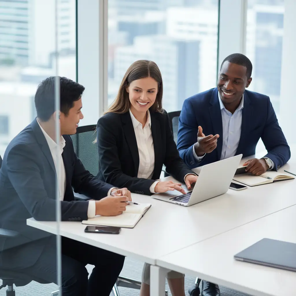 Business experts collaborating in a modern office at US Global Startup to assist entrepreneurs with US company formation and compliance services