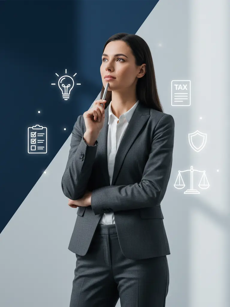 Businesswoman analyzing key factors for LLC registration in the USA with icons representing tax, compliance, and legal requirements at US Global Startup