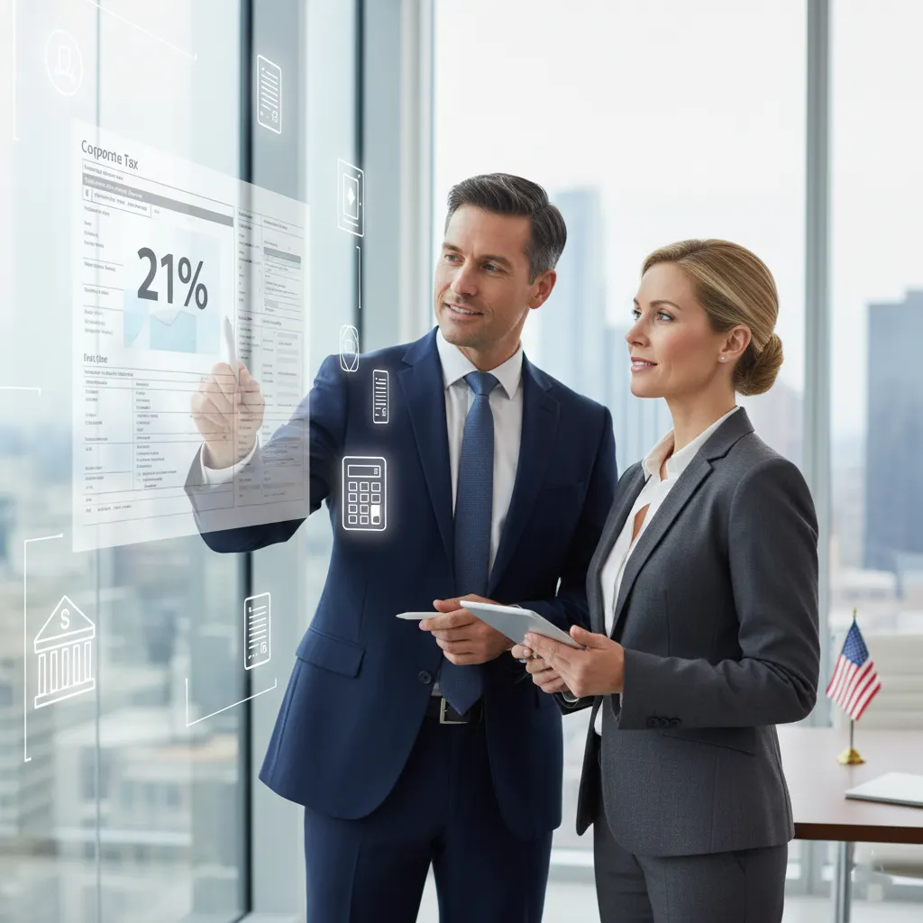 Business professionals reviewing corporate tax rates and compliance requirements for C Corporation registration in the USA