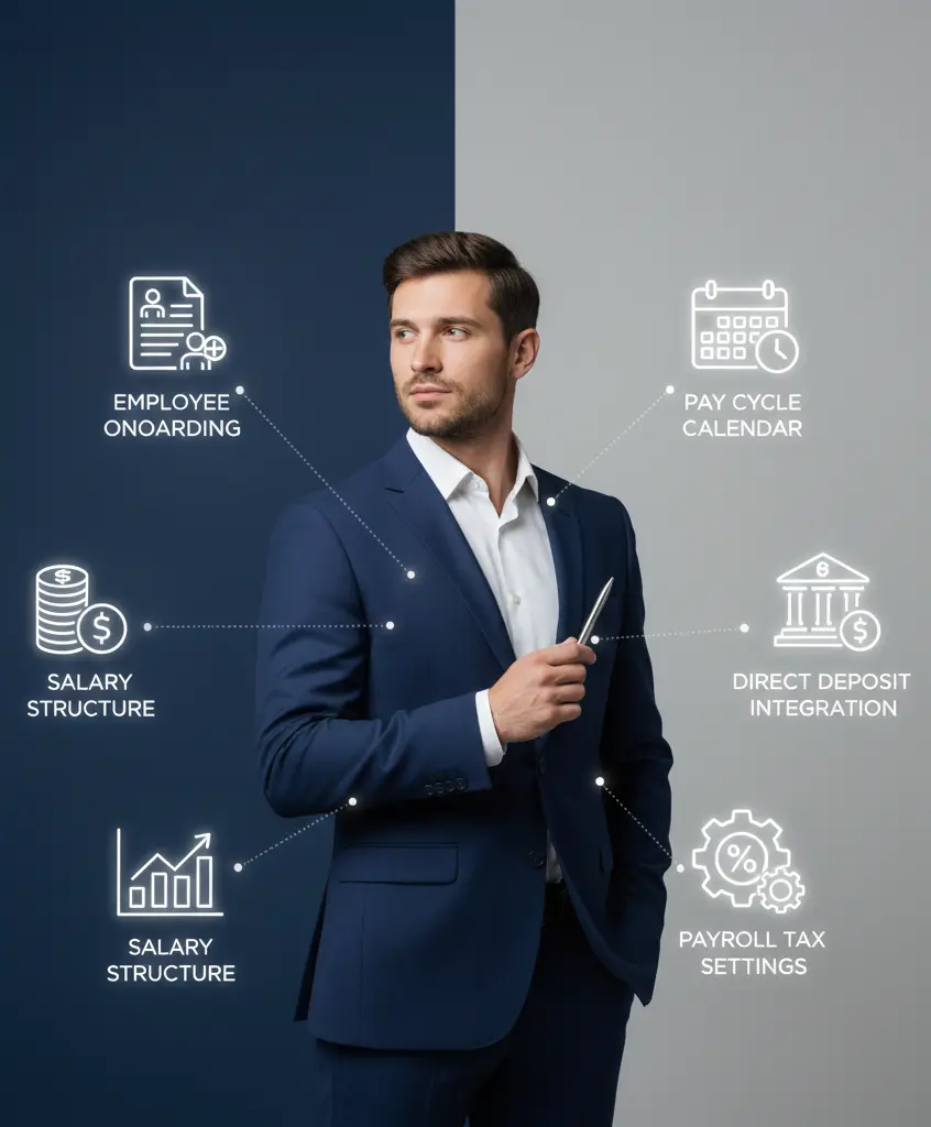 Business professional with payroll setup icons showing payroll services in USA