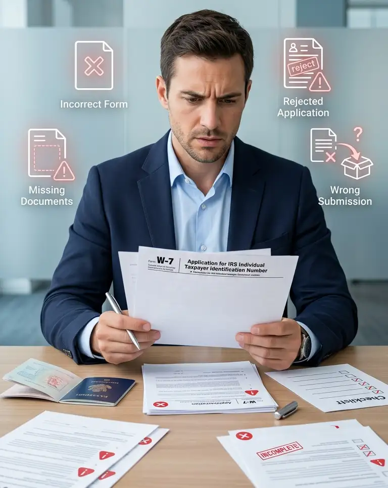 Professional reviewing Form W-7 showing common ITIN application mistakes USA and errors in ITIN application service process