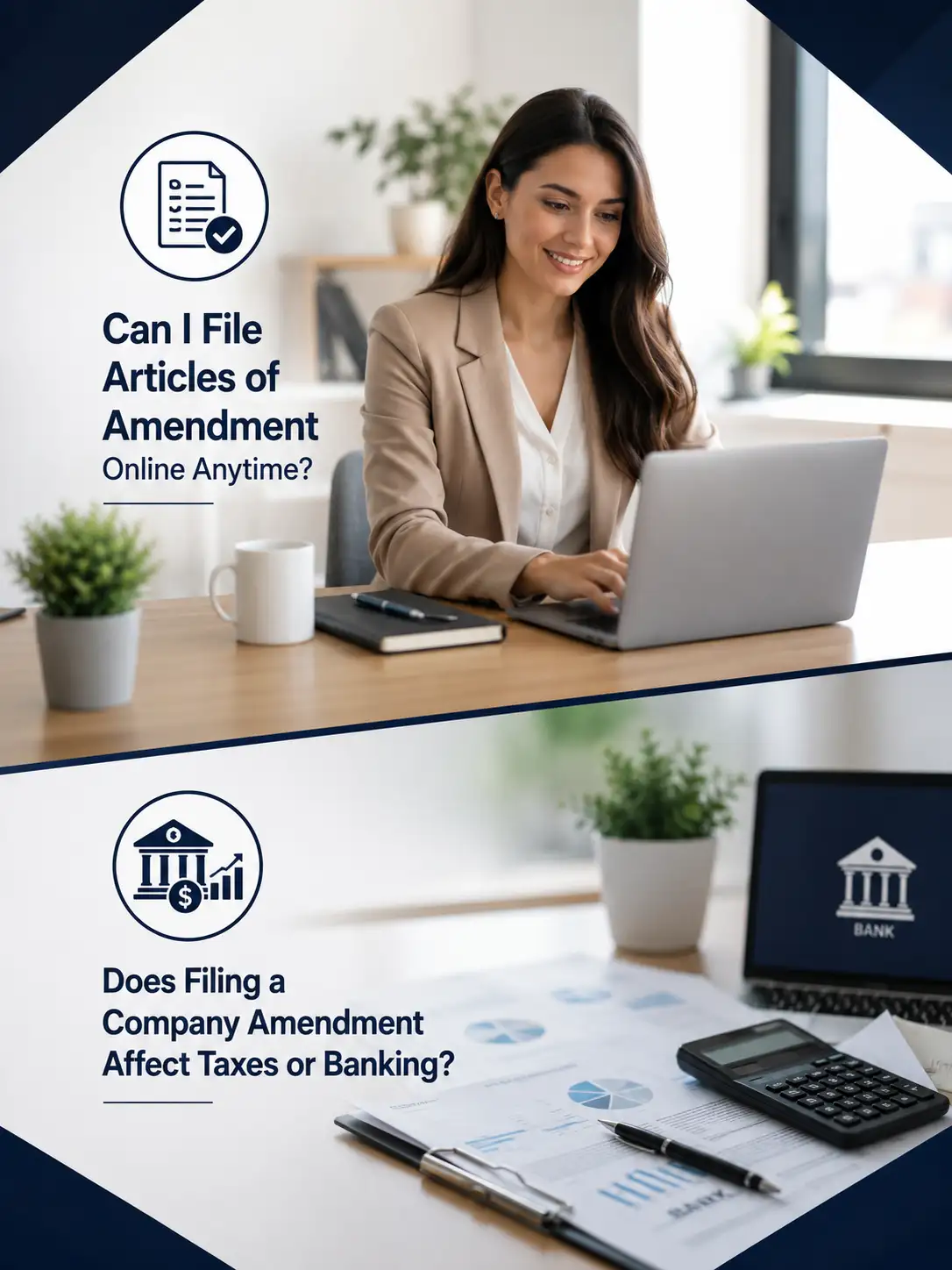 Professional business infographic about amend company name and amend LLC members online, including company amendment filing, tax updates, and banking record changes.