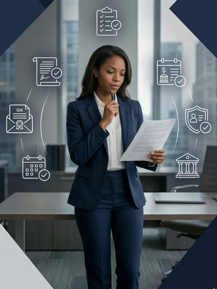 Professional businesswoman reviewing legal compliance and registered agent responsibilities for an LLC in the USA with business and legal icons.