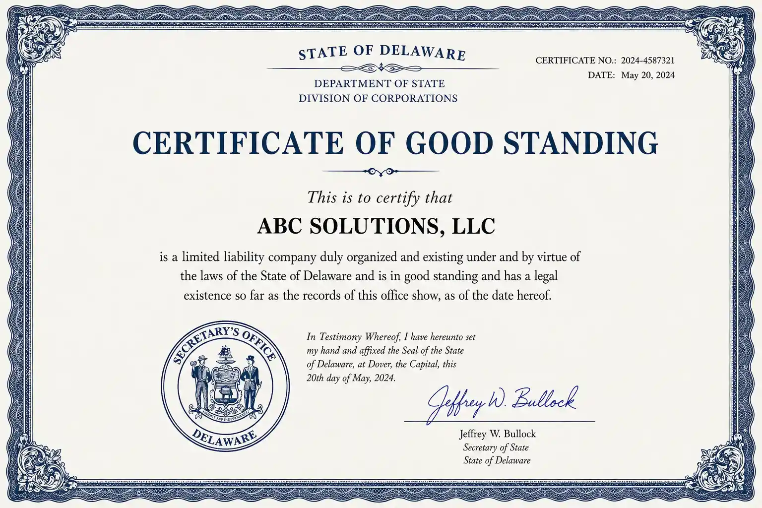 Delaware Certificate of Good Standing for a business in USA by US Global Startup showing official corporate compliance document design.