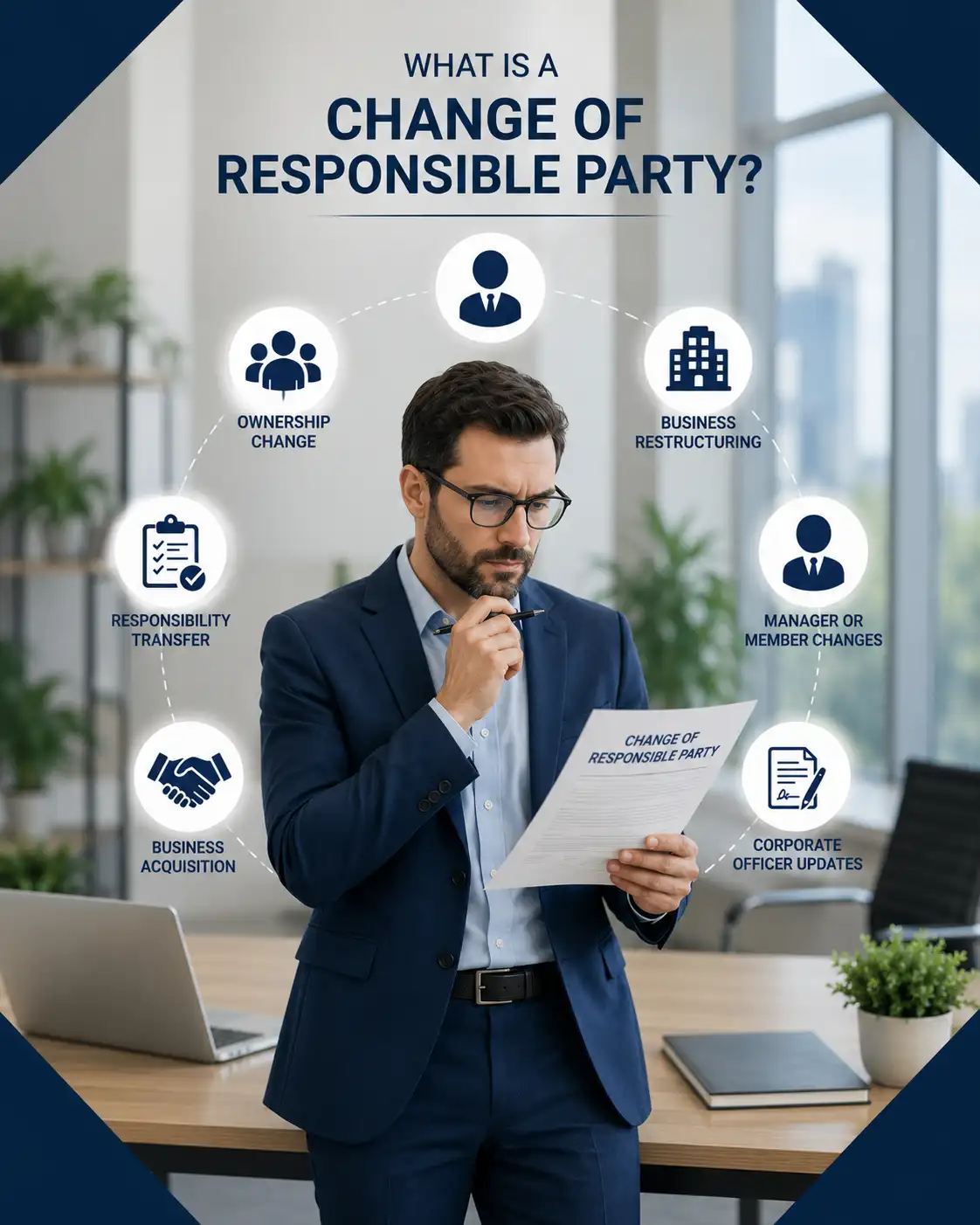 Professional businessman reviewing IRS Form 8822-B documents for change of address and responsible party update in a modern office setting.