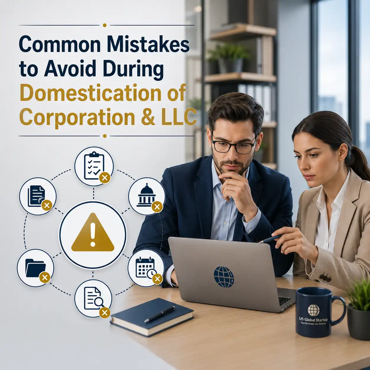 Business professionals discussing common mistakes to avoid during domestication of corporation and LLC transfer process in the USA by US Global Startup