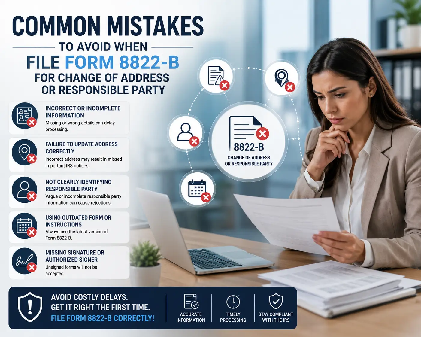 Business professional reviewing Form 8822-B filing mistakes for change of address and responsible party updates with IRS compliance icons in a modern office.
