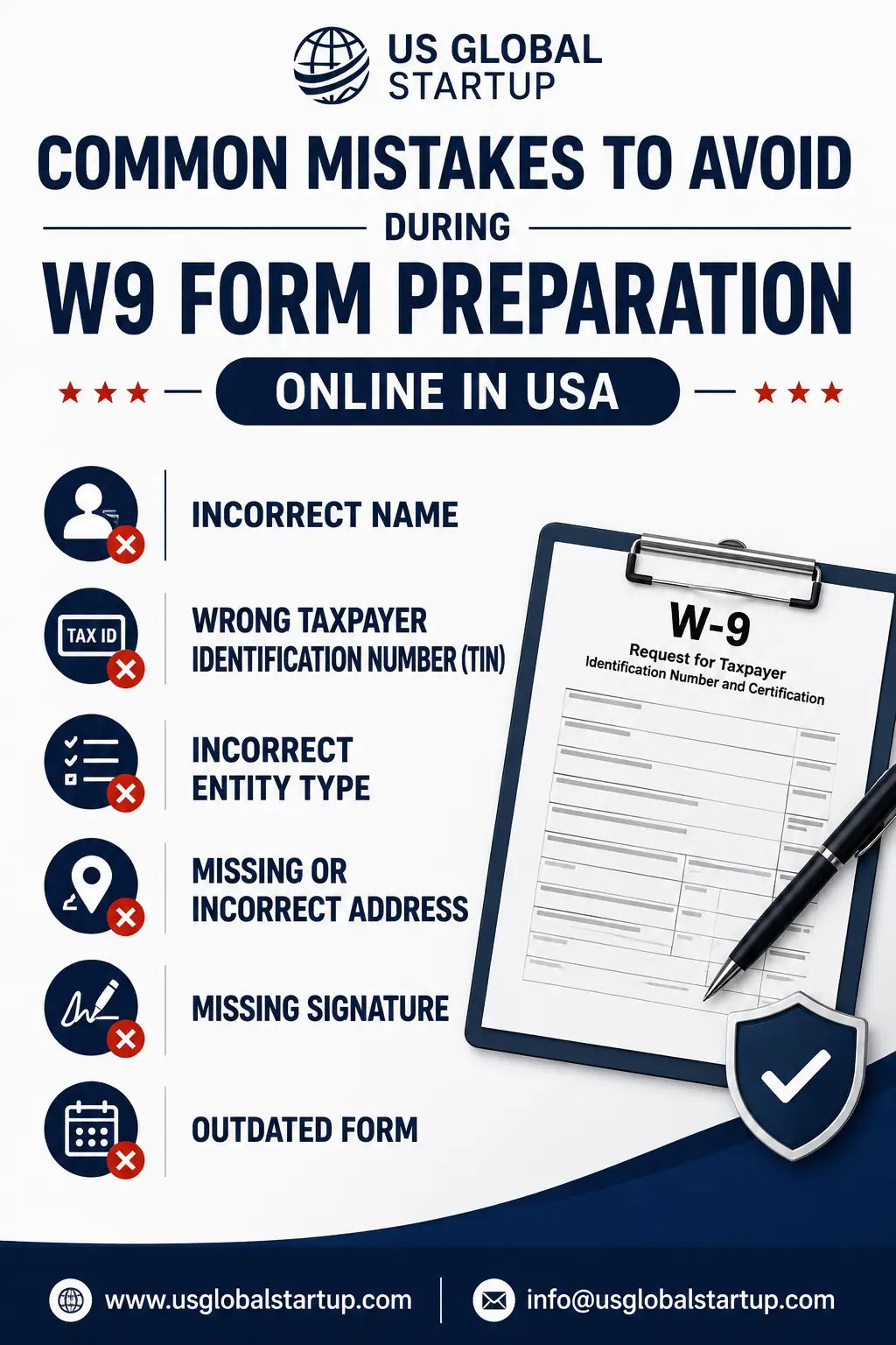 Common mistakes to avoid during W9 form preparation online in USA infographic by US Global Startup
