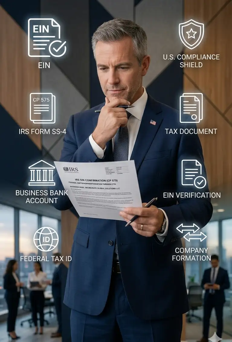 Professional businessman analyzing EIN confirmation letter CP 575 and U.S. business compliance requirements with IRS and banking icons in a corporate office.