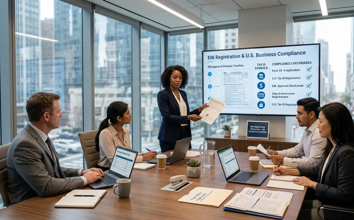 Professional business team in a corporate meeting discussing EIN registration, IRS Form SS-4, and U.S. business compliance in a modern office environment.