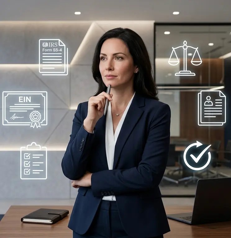 Professional businesswoman analyzing EIN registration requirements with icons representing IRS Form SS-4, tax compliance, and legal business setup in the USA.