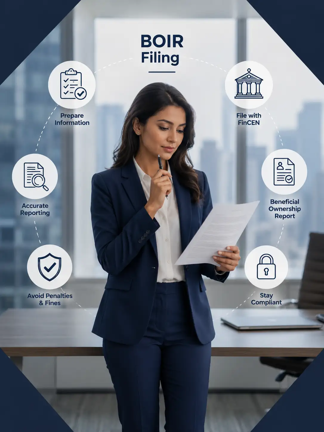 Corporate business woman thinking BOIR filing compliance process illustration