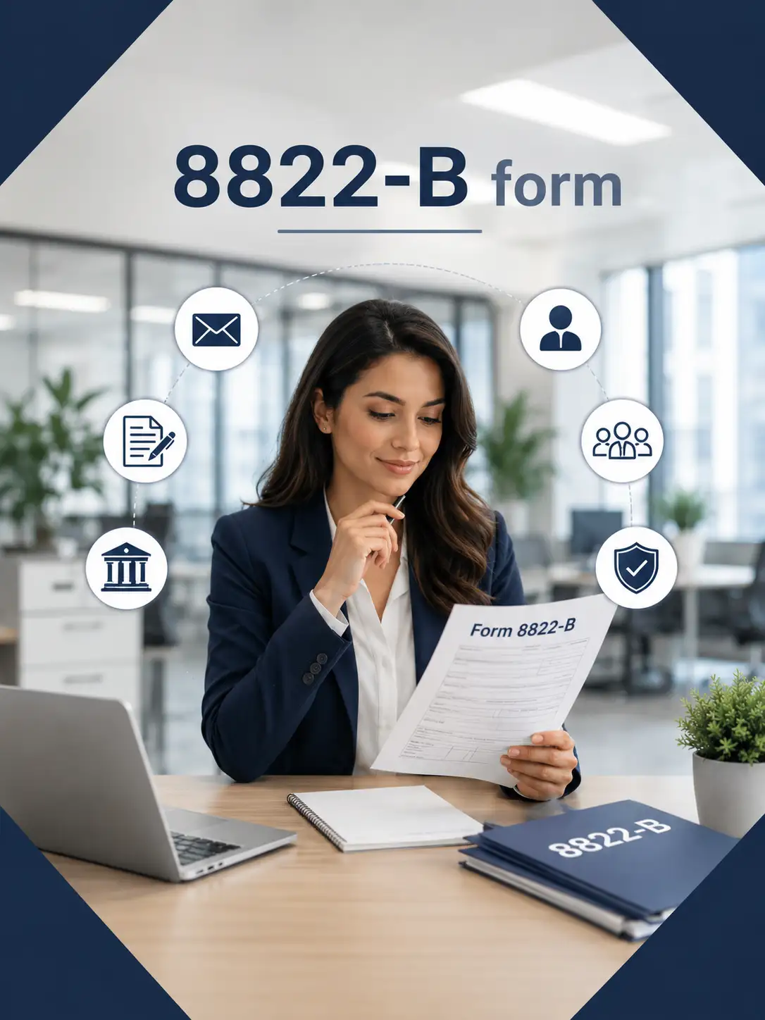 Professional businesswoman reviewing IRS Form 8822-B for change of address and responsible party update in a modern office environment.