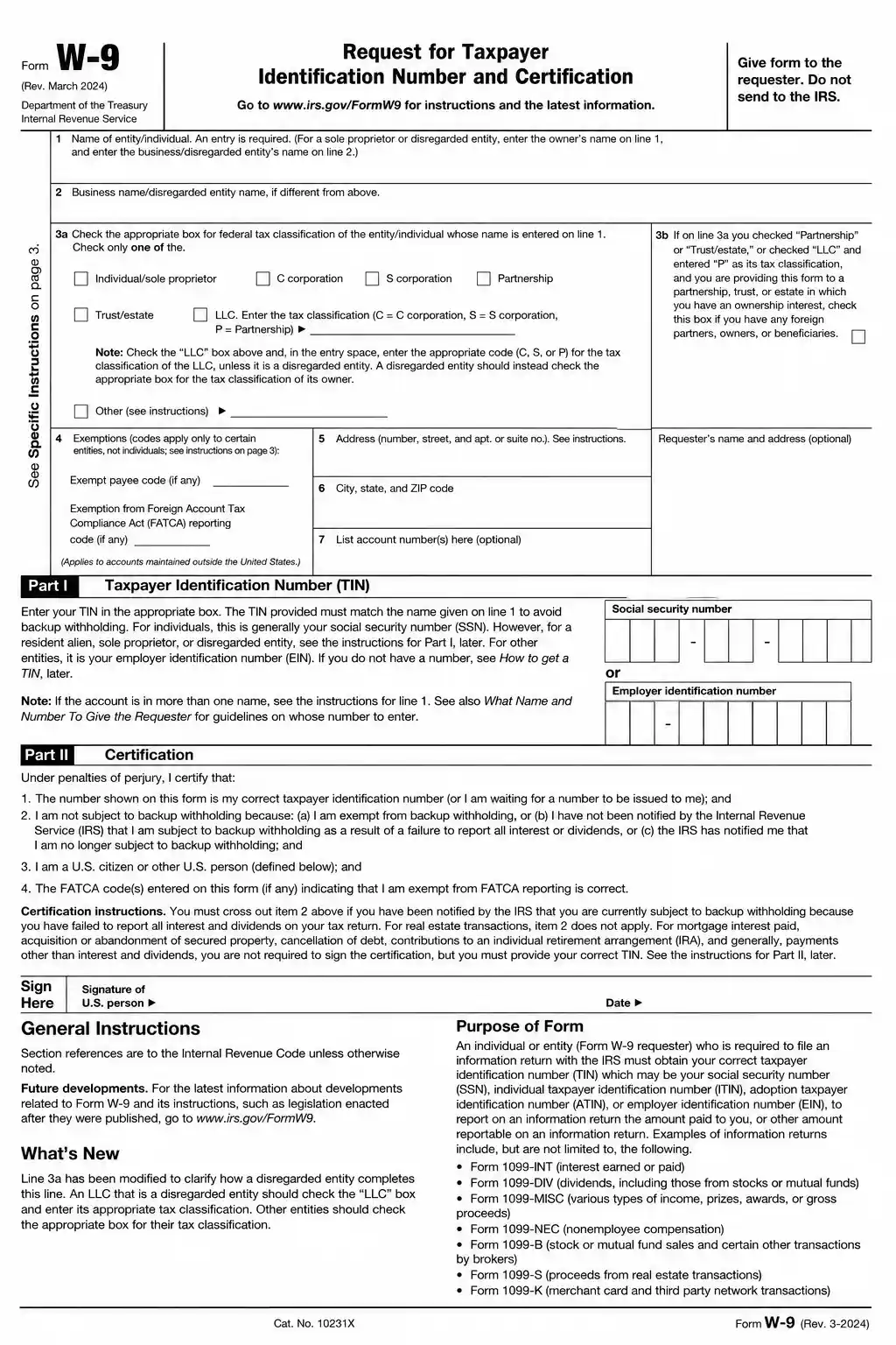 Blank IRS W-9 form application for businesses provided by US Global Startup for IRS W9 Form Preparation Service Online In USA