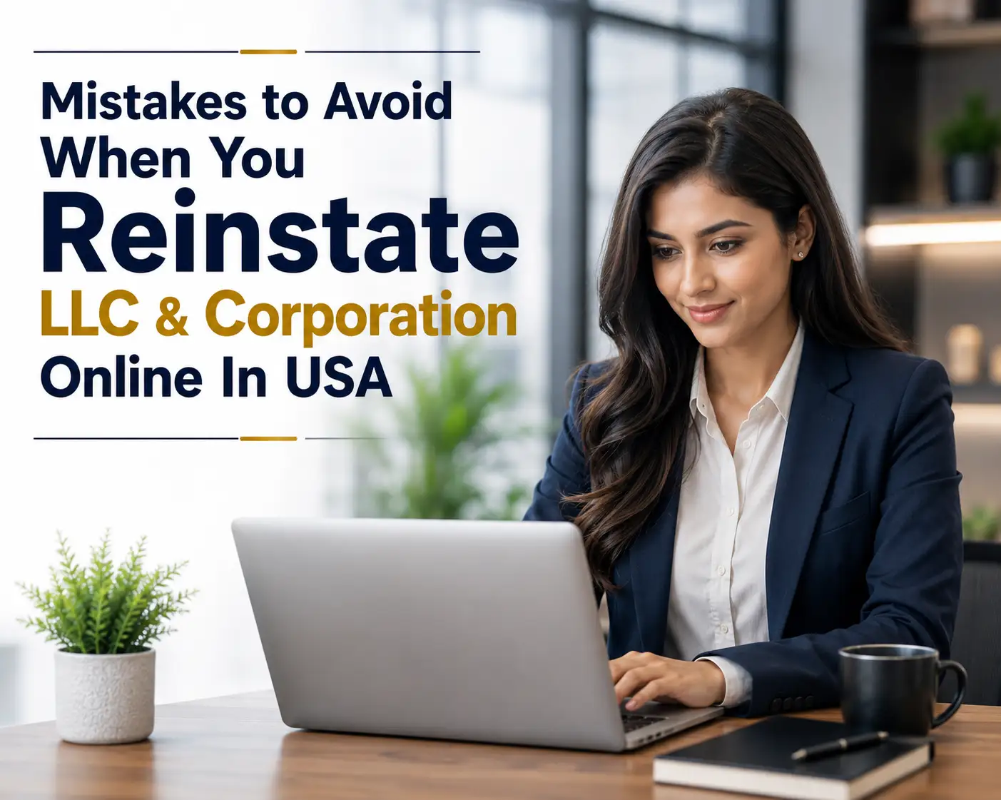 Professional businesswoman working on laptop in modern office explaining common mistakes to avoid when you reinstate LLC and corporation online in USA with compliance support from US Global Startup.