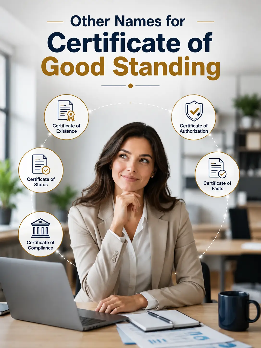 Professional businesswoman in a modern office with infographic showing other names for certificate of good standing for business including certificate of existence, certificate of authorization, certificate of facts, certificate of compliance, and certificate of status by US Global Startup.