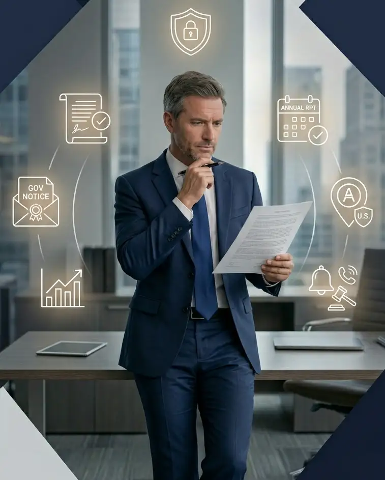 Professional businessman reviewing business compliance and registered agent responsibilities for LLCs and corporations in the USA with legal and compliance icons.