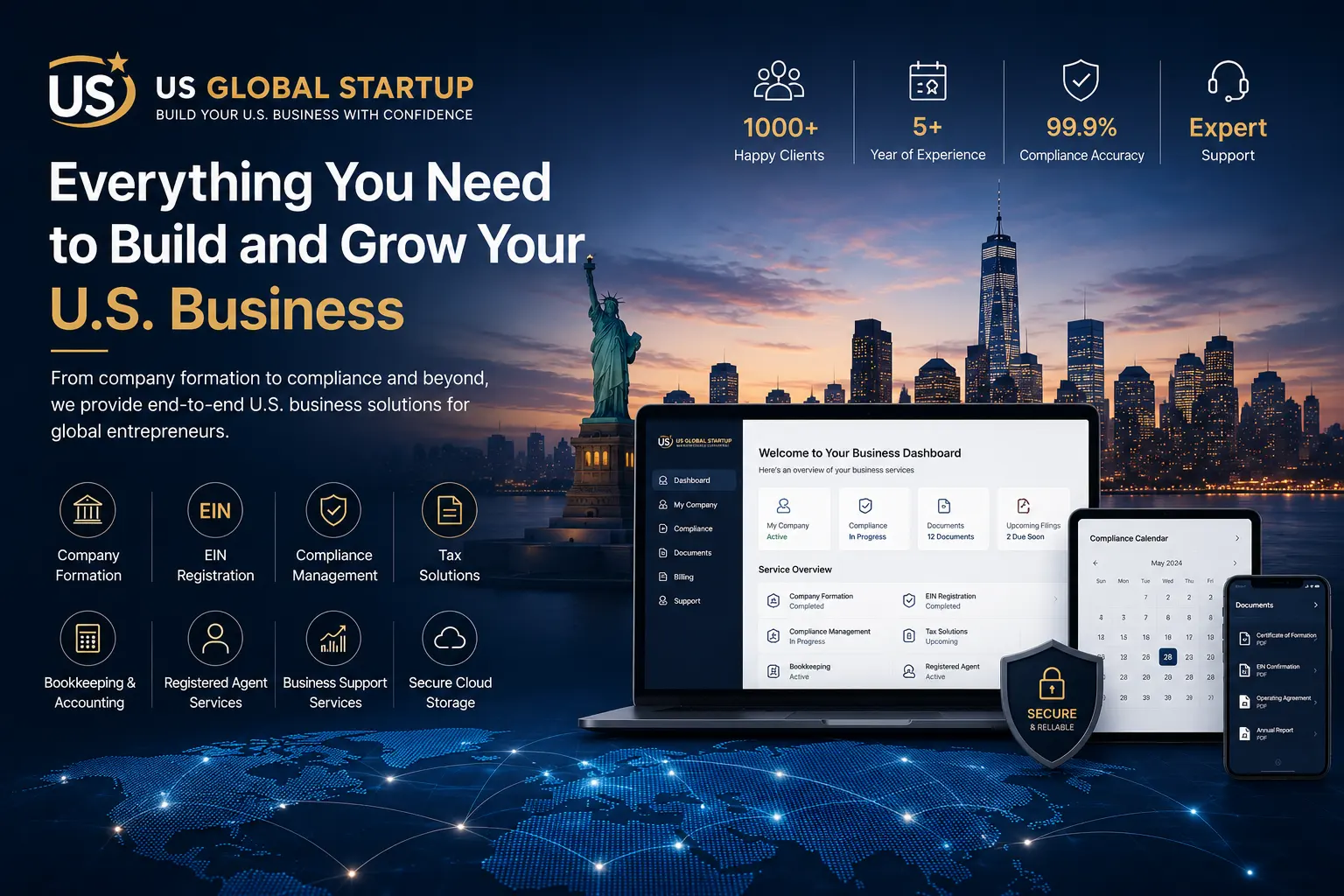US Global Startup premium homepage banner showcasing U.S. business formation, EIN registration, compliance, bookkeeping, and business services for global entrepreneurs.