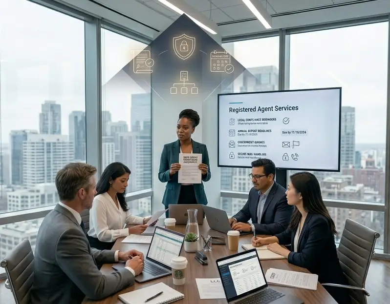 Business professionals in a modern office discussing USA registered agent service requirements, legal compliance, and company formation responsibilities.
