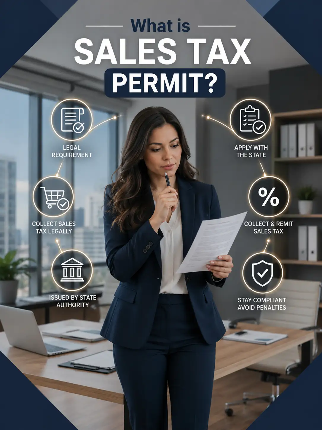Professional businesswoman in a modern office explaining what is sales tax permit and how to apply sales tax permit online with compliance icons by US Global Startup.