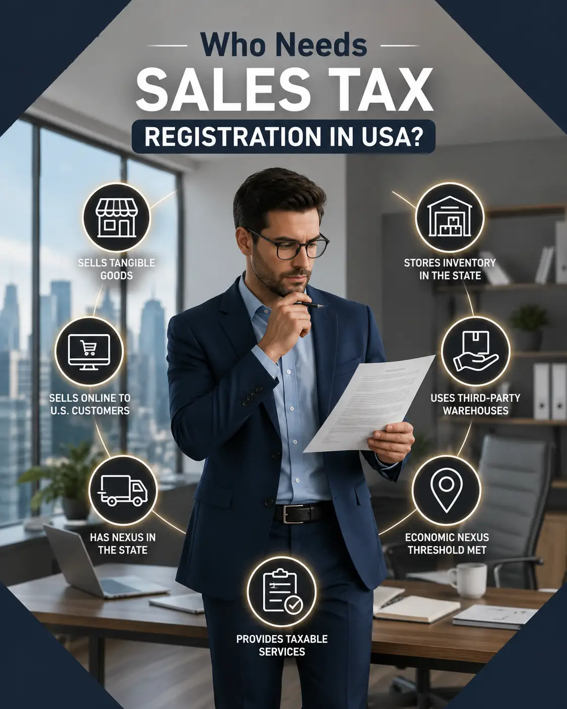 Professional businessman in a modern office explaining who needs sales tax registration in USA with business compliance icons for online sales tax registration services by US Global Startup.