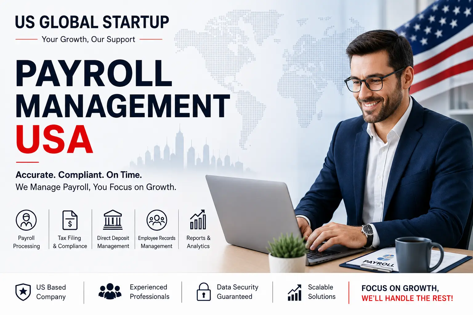 Monthly Payroll Services in USA by US Global Startup providing payroll processing, direct deposit, tax filing compliance, employee records management, and payroll reporting solutions.