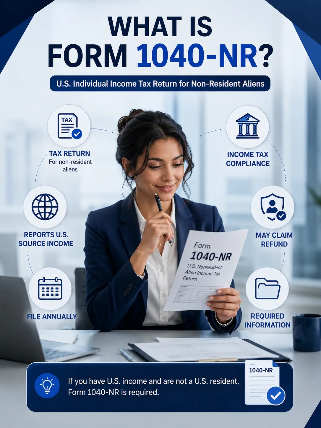 Infographic explaining Form 1040-NR, the U.S. tax return for non-US citizens and nonresident aliens earning U.S. income, by US Global Startup.