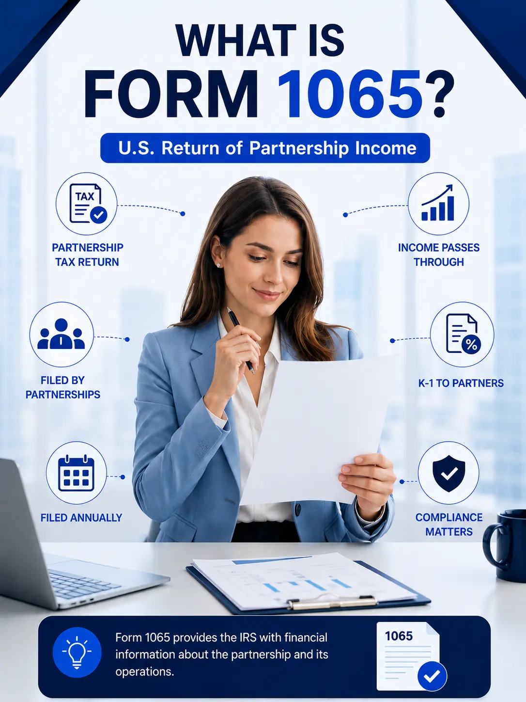 Professional infographic explaining what Form 1065 is, the U.S. Return of Partnership Income, featuring a businesswoman reviewing Form 1065 and highlighting partnership tax filing requirements. Created by US Global Startup.