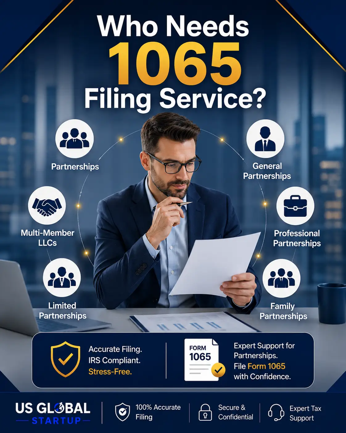 Form 1065 filing service infographic for partnerships and multi-member LLCs by US Global Startup.