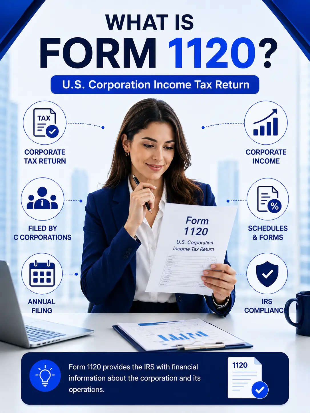 Infographic explaining what Form 1120 is and Form 1120 filing service for C Corporations by US Global Startup.