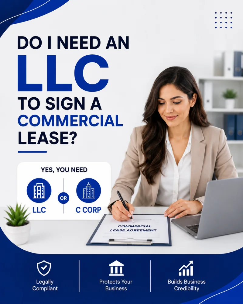 Professional business infographic explaining whether an LLC is needed to sign a commercial lease, showing a businesswoman reviewing a commercial lease agreement in US Global Startup.