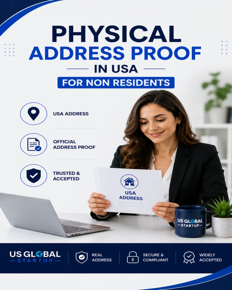 Lease agreement for non resident in USA, showing a professional woman reviewing a U.S. physical address document for business and banking purposes.