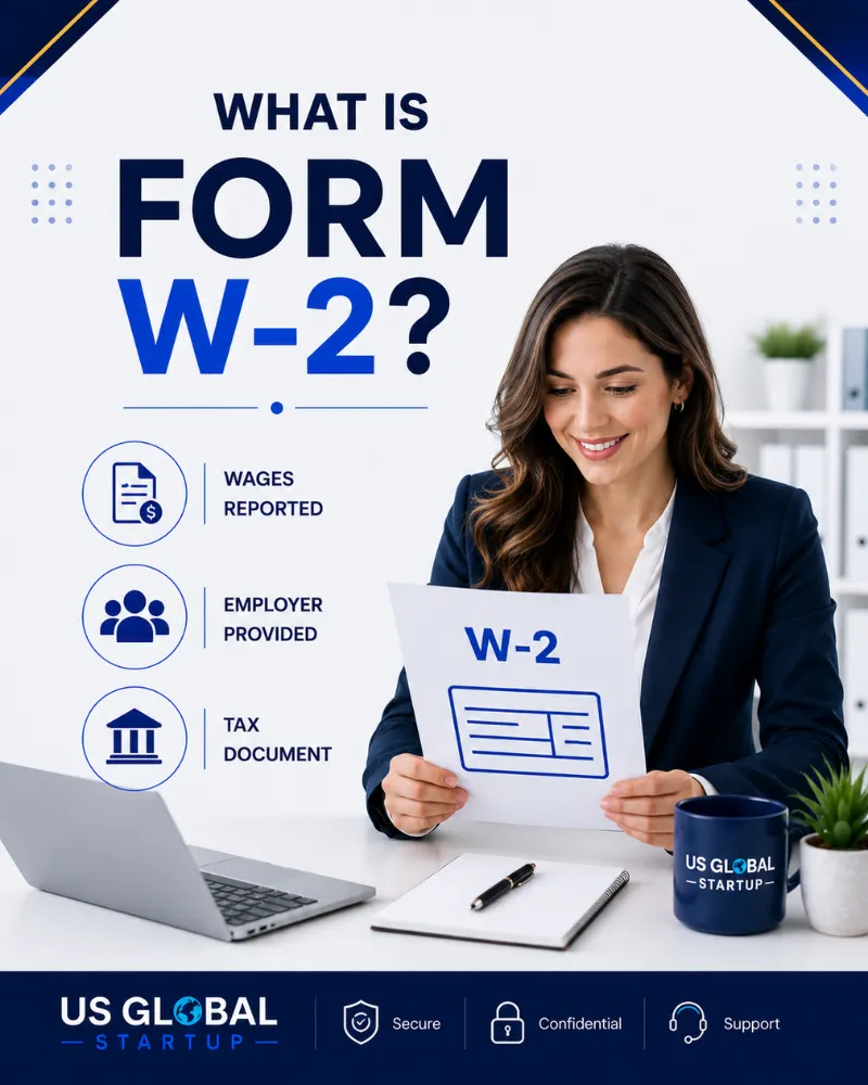Professional infographic explaining what Form W-2 is, showing wages, taxes, employer reporting, and a woman holding a W-2 document, featuring W-2 filing service by US Global Startup.