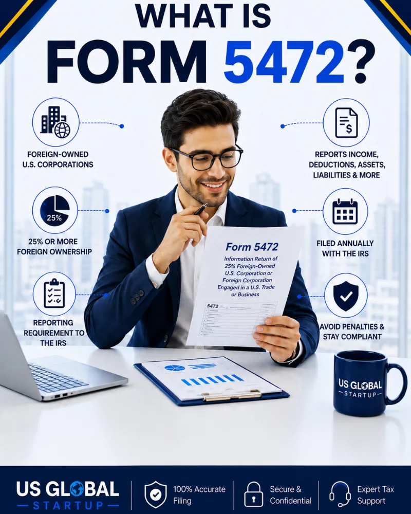 Professional infographic explaining IRS Form 5472 filing requirements for foreign-owned U.S. LLCs and corporations, including annual reporting, compliance, and tax filing services by US Global Startup.
