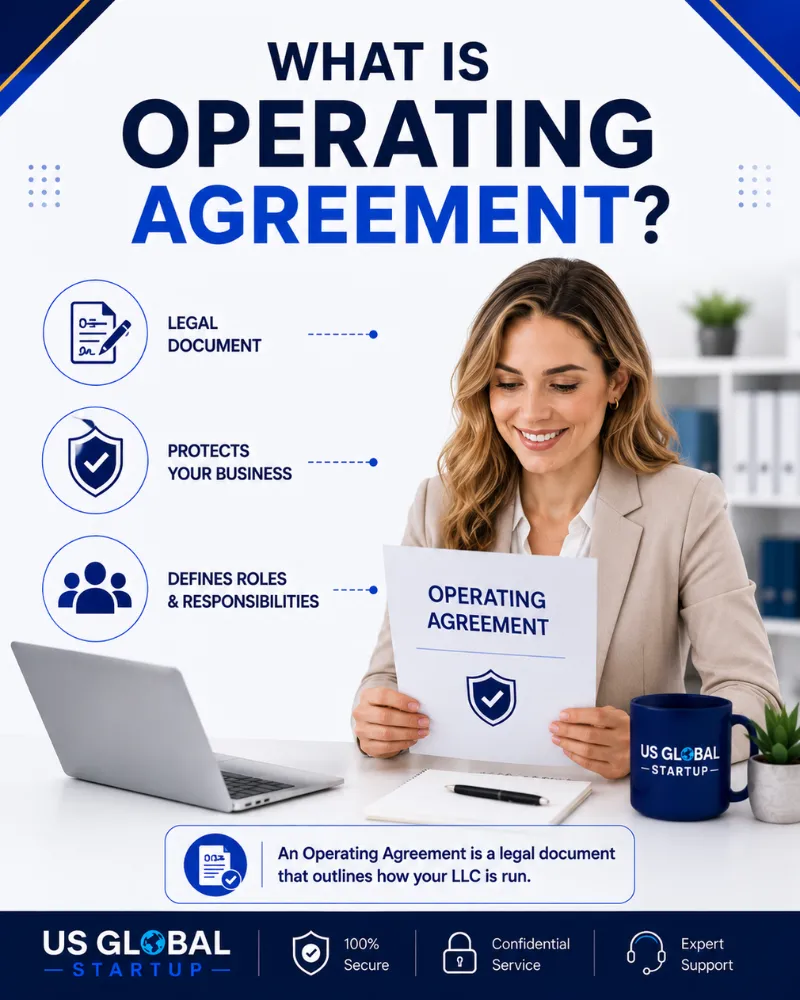 Operating agreement infographic explaining LLC management, roles, and business protection by US Global Startup.