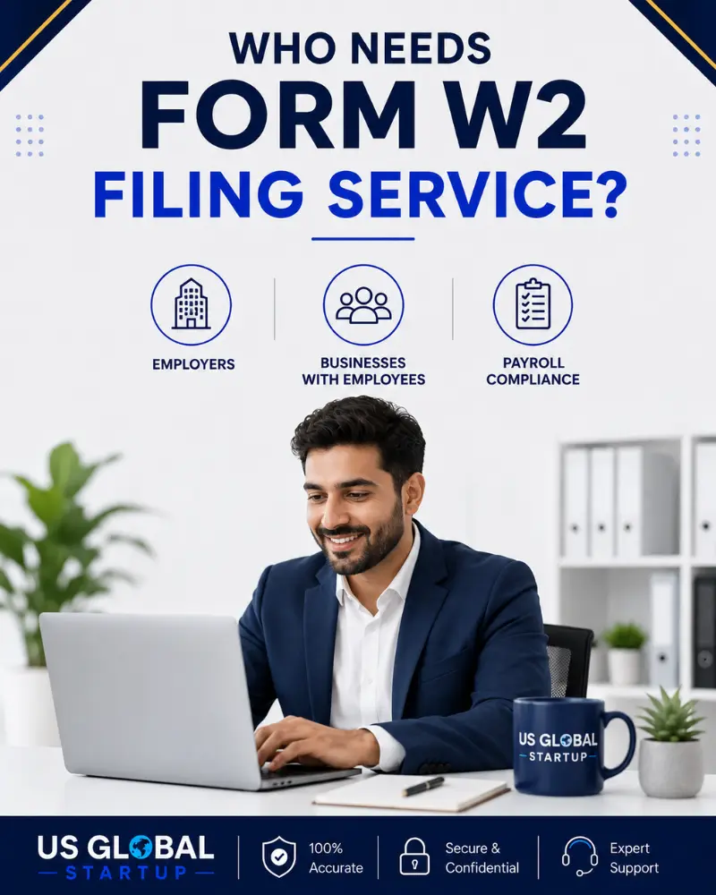 Professional infographic explaining what Form W-2 is, showing wages, taxes, employer reporting, and a woman holding a W-2 document, featuring who need W-2 filing service by US Global Startup.