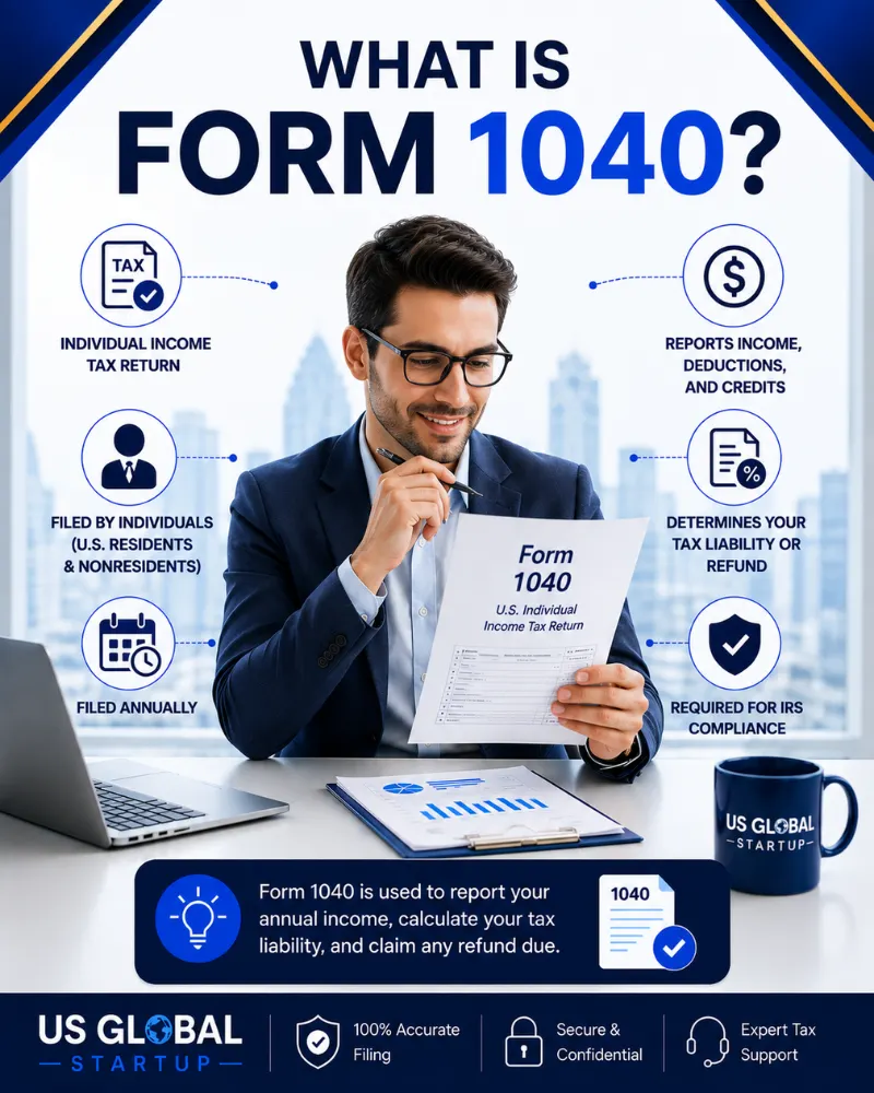 Infographic explaining what Form 1040 is and Form 1040 filing services for U.S. individual income tax returns by US Global Startup.