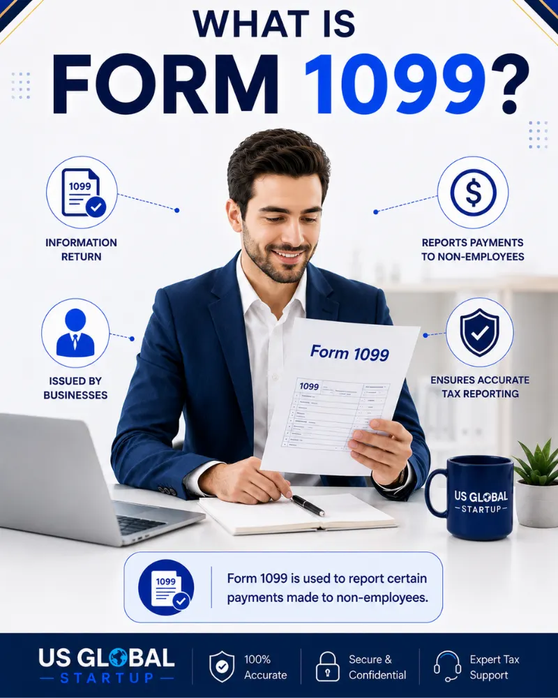 Professional infographic explaining What Is Form 1099? and Form 1099 filing services for businesses and independent contractors. Created by US Global Startup.