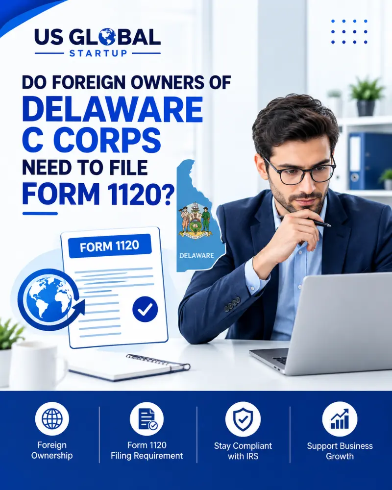 Professional infographic by US Global Startup explaining Form 1120 filing requirements for foreign owners of Delaware C Corporations, featuring a businessman reviewing U.S. corporate tax documents.
