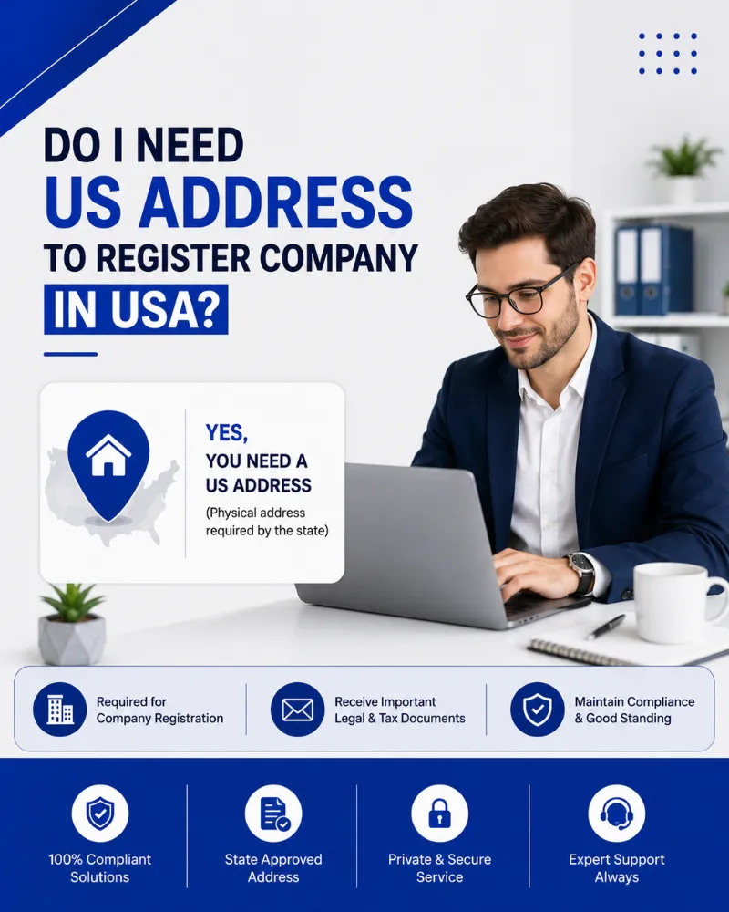 Professional infographic explaining whether a US address is needed for company registration in USA, featuring a businessman reviewing business registration documents and US address requirements.