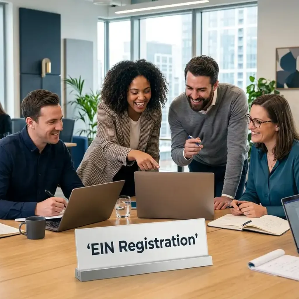 Professional business team collaborating in a modern office with a desk sign displaying ‘EIN Registration’ for online U.S. business registration services.