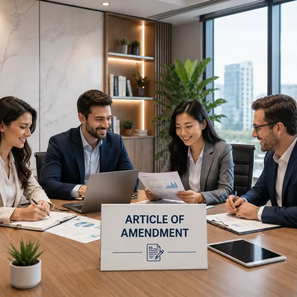 Business professionals discussing company amendment documents for changing company name and updating LLC members in the USA.