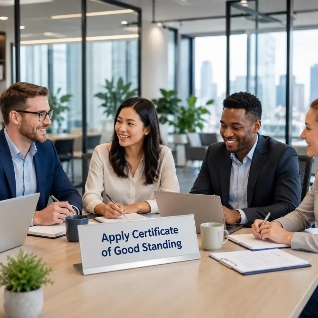 Business professionals discussing how to apply for a Certificate of Good Standing for a USA business in a modern corporate office by US Global Startup.