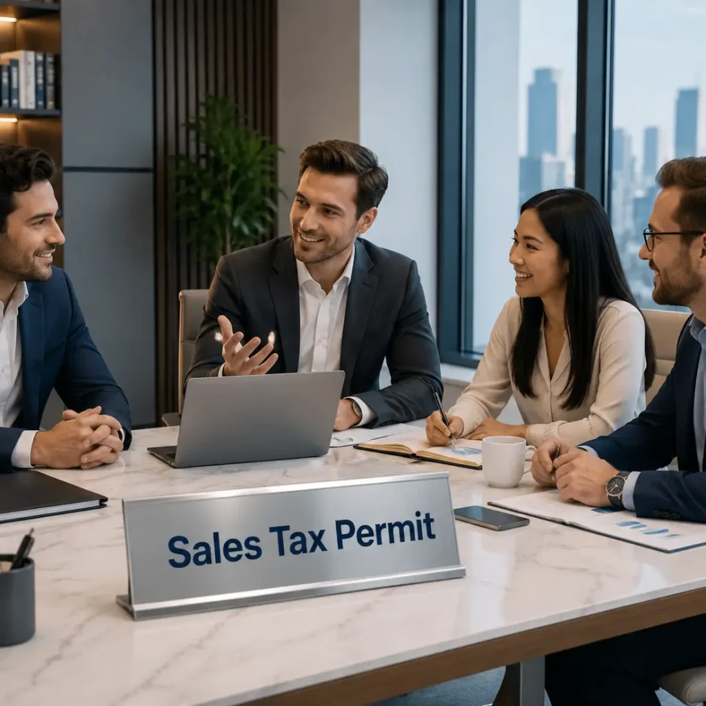 Professional business team discussing how to apply sales tax permit in USA in a modern office meeting room by US Global Startup.