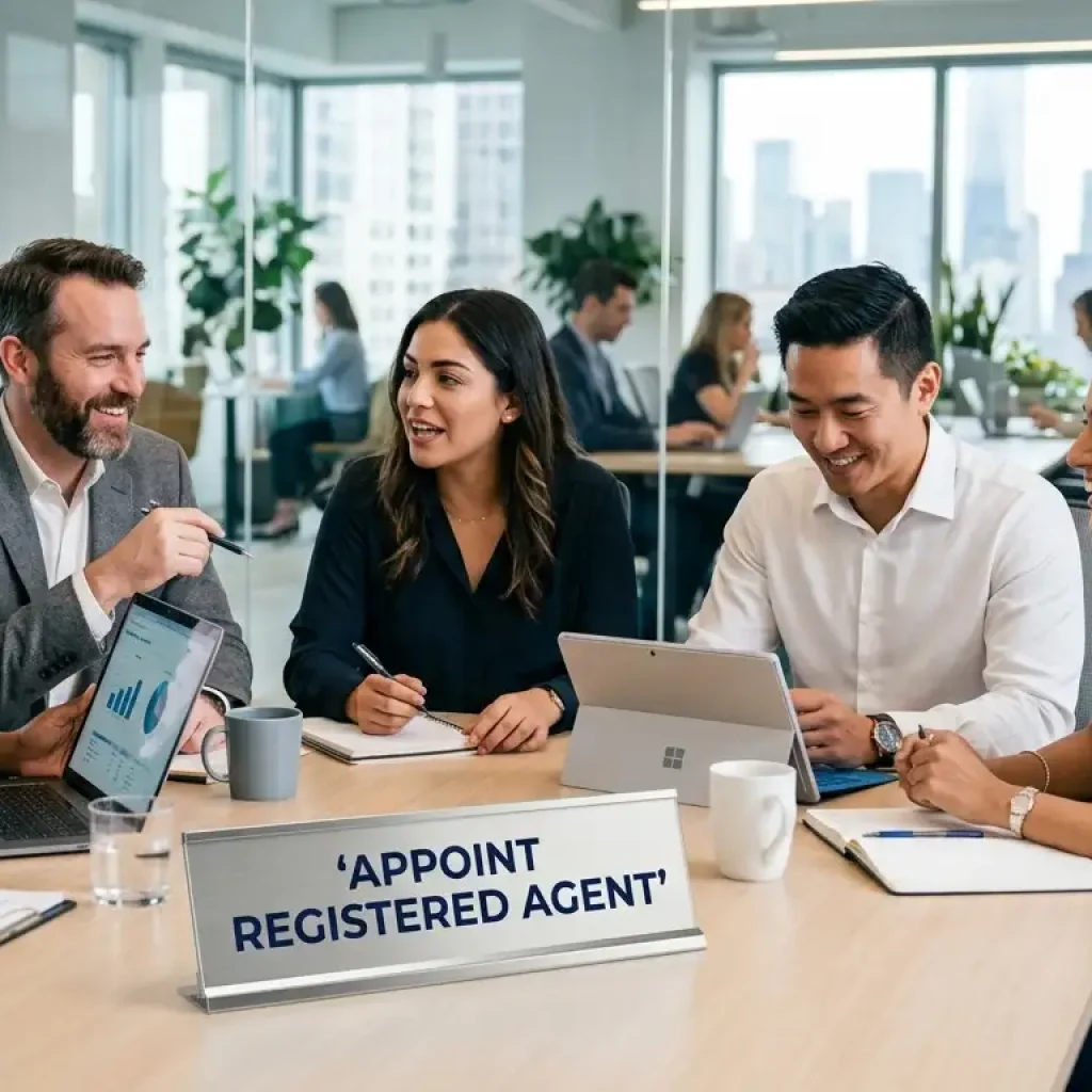 Professional business team collaborating in a modern office with a desk sign labeled ‘Appoint Registered Agent’ for U.S. company formation services.
