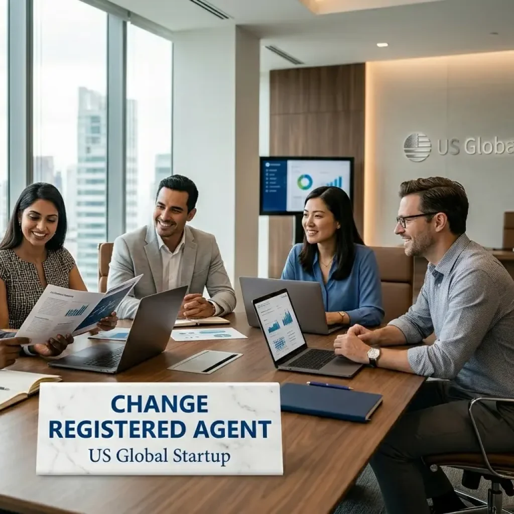 Business professionals discussing how to change registered agent for LLC and corporation in a modern office meeting at US Global Startup.
